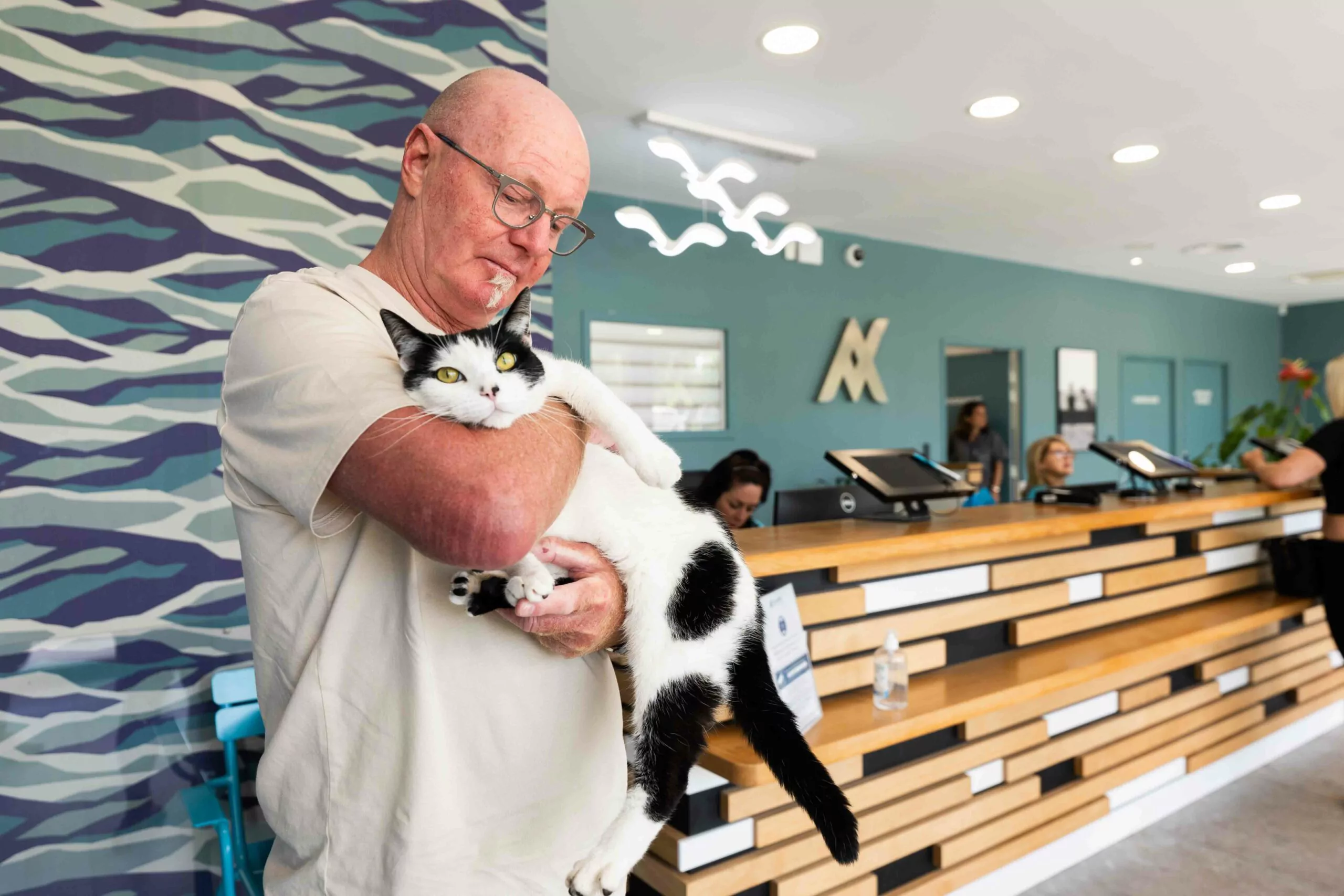 Photographie d'un client tenant son chat au sein de la clinique azurvet